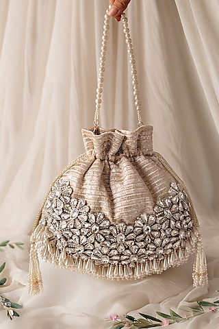 Gold & Silver Fabric Hand Embroidered Potli by BHAVNA KUMAR