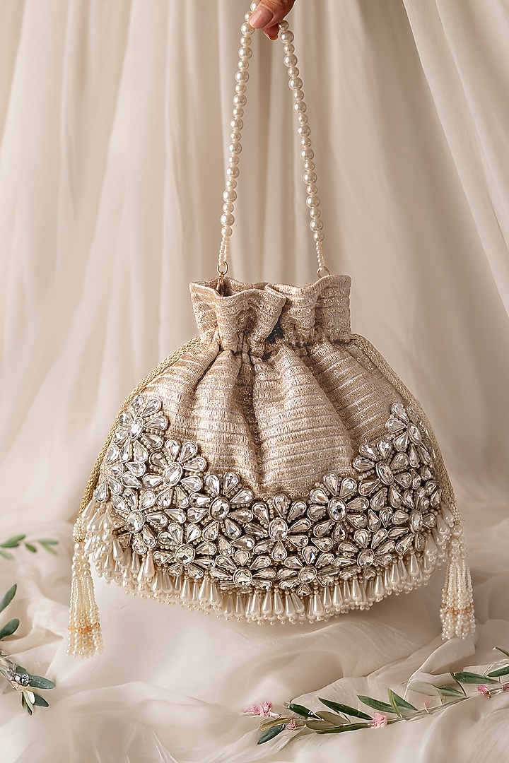 Gold & Silver Fabric Hand Embroidered Potli by BHAVNA KUMAR at Pernia's Pop Up Shop