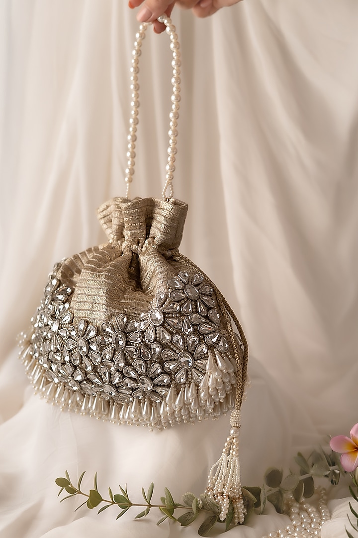 Gold & Silver Fabric Hand Embroidered Potli by BHAVNA KUMAR at Pernia's Pop Up Shop