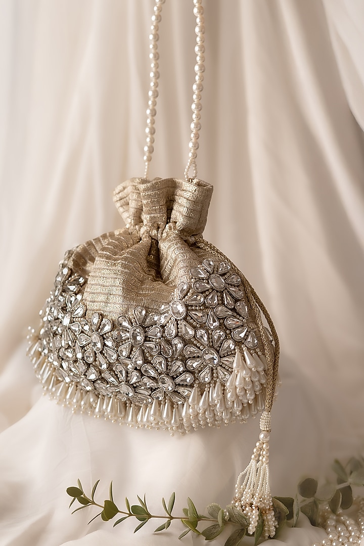 Gold & Silver Fabric Hand Embroidered Potli by BHAVNA KUMAR at Pernia's Pop Up Shop