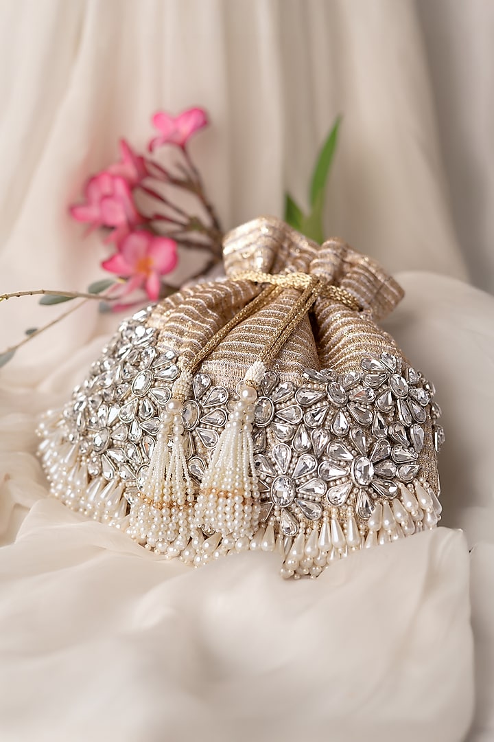 Gold & Silver Fabric Hand Embroidered Potli by BHAVNA KUMAR at Pernia's Pop Up Shop