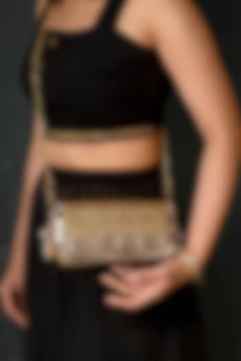Gold Fabric Embroidered Clutch by BHAVNA KUMAR at Pernia's Pop Up Shop