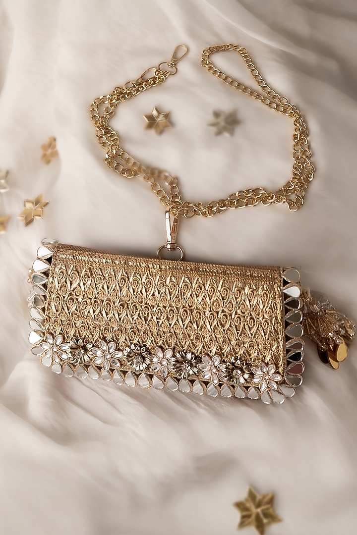Gold Fabric Embroidered Clutch by BHAVNA KUMAR at Pernia's Pop Up Shop