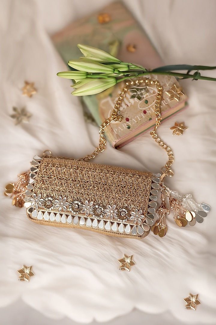 Gold Fabric Embroidered Clutch by BHAVNA KUMAR at Pernia's Pop Up Shop