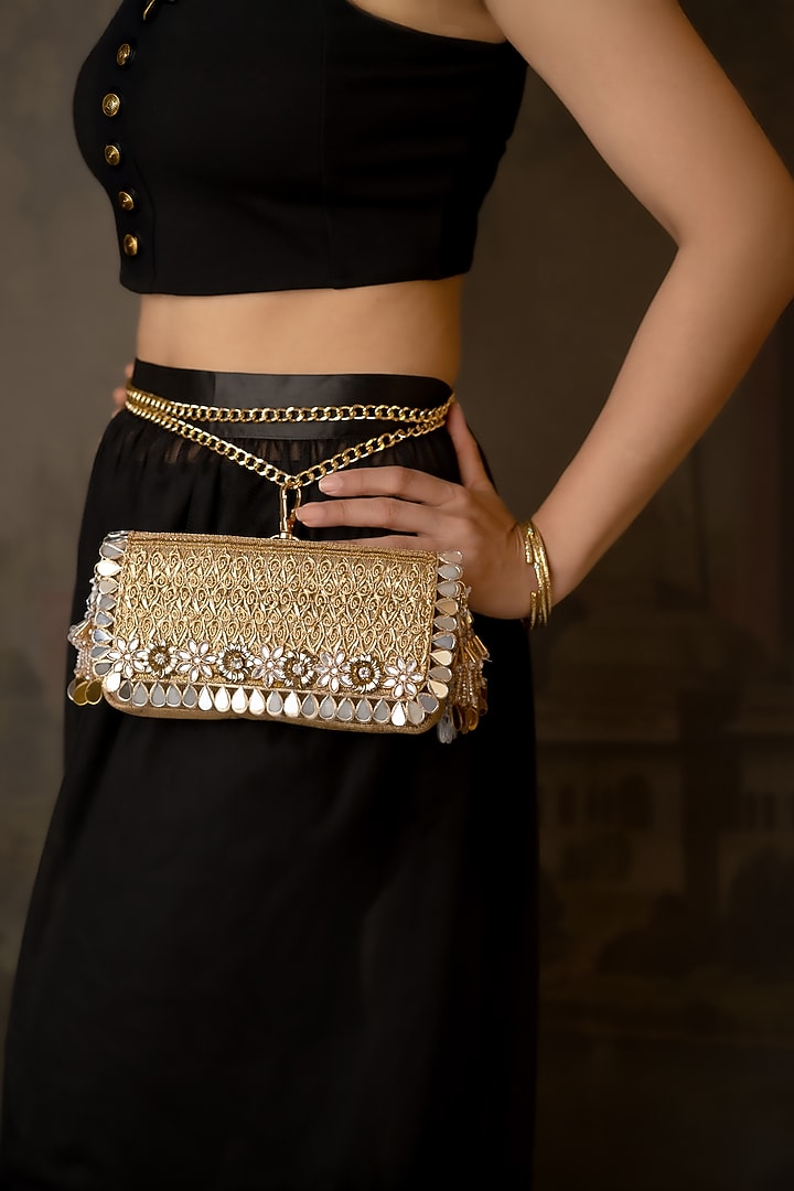 Gold Fabric Embroidered Clutch by BHAVNA KUMAR at Pernia's Pop Up Shop