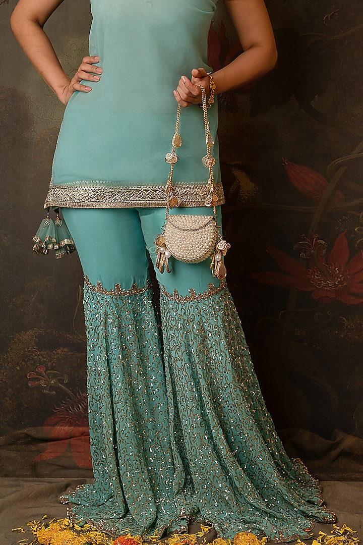 Gold & Cream Metal Pearl Embellished Mini Bag by BHAVNA KUMAR at Pernia's Pop Up Shop