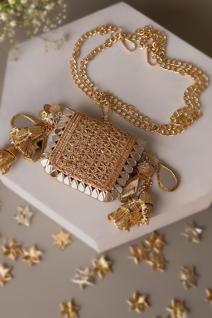 Gold Fabric Embroidered Mini Clutch by BHAVNA KUMAR at Pernia's Pop Up Shop