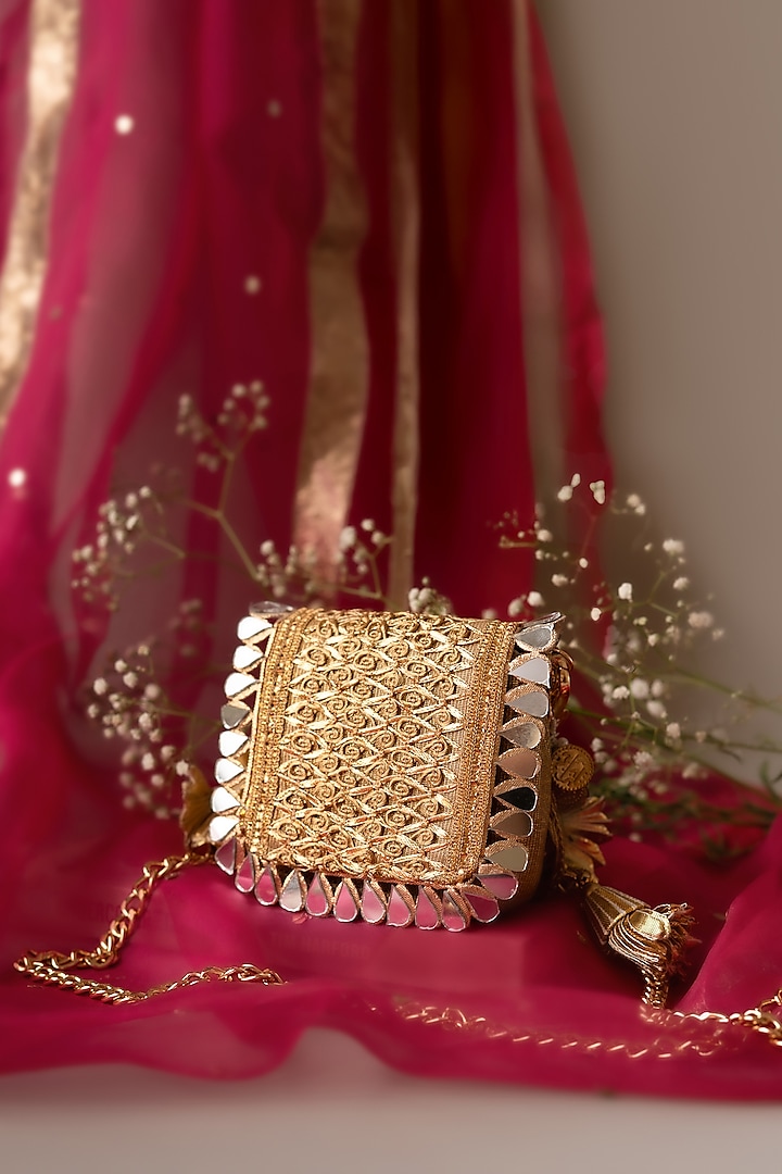 Gold Fabric Embroidered Mini Clutch by BHAVNA KUMAR at Pernia's Pop Up Shop