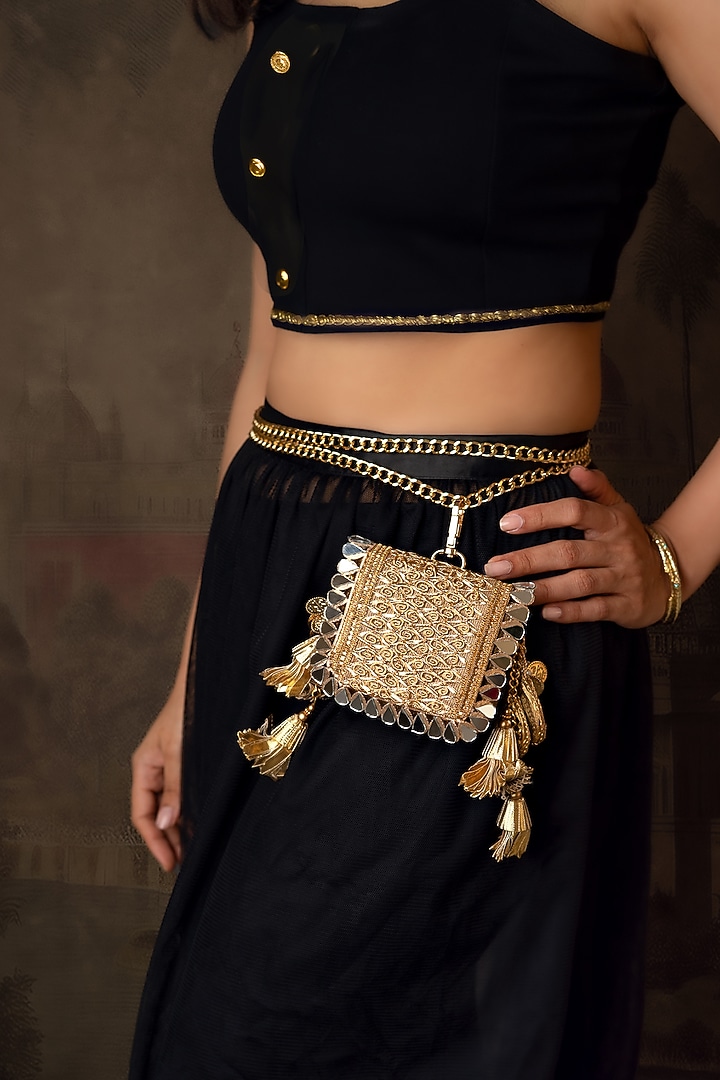 Gold Fabric Embroidered Mini Clutch by BHAVNA KUMAR at Pernia's Pop Up Shop