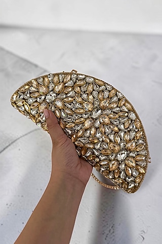 Gold & Silver Fabric Hand Embroidered D-shaped Clutch by BHAVNA KUMAR