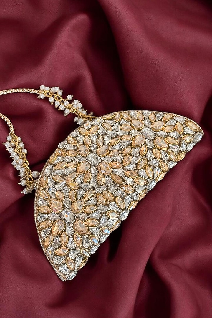 Gold & Silver Fabric Hand Embroidered D-shaped Clutch by BHAVNA KUMAR at Pernia's Pop Up Shop