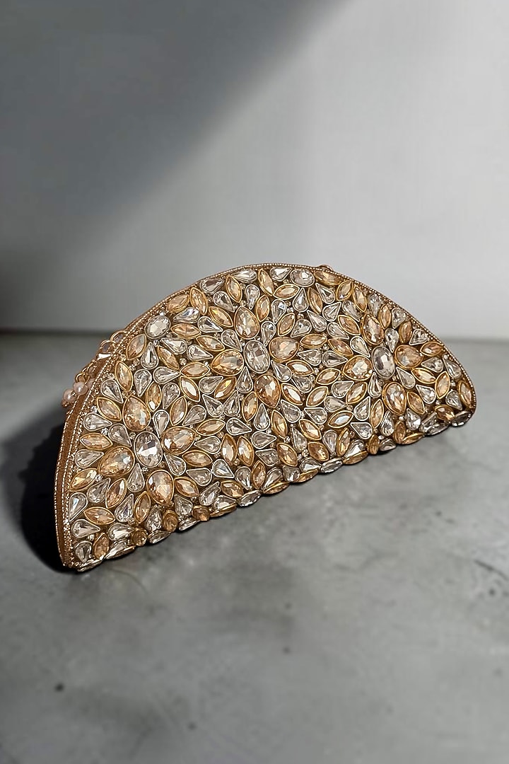 Gold & Silver Fabric Hand Embroidered D-shaped Clutch by BHAVNA KUMAR at Pernia's Pop Up Shop