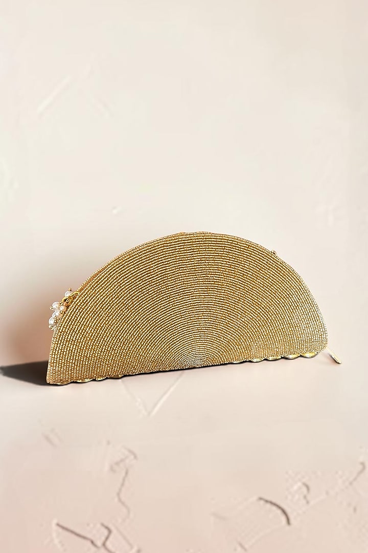 Gold & Silver Fabric Hand Embroidered D-shaped Clutch by BHAVNA KUMAR at Pernia's Pop Up Shop
