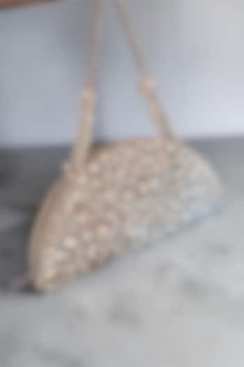 Silver Fabric Hand Embroidered D-shaped Clutch by BHAVNA KUMAR at Pernia's Pop Up Shop