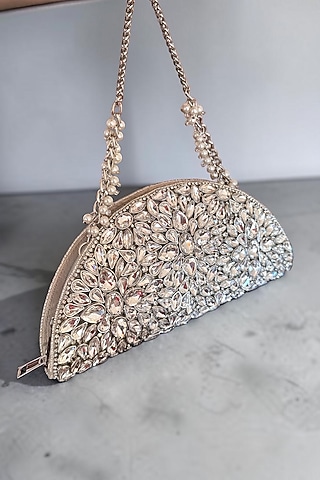 Silver Fabric Hand Embroidered D-shaped Clutch by BHAVNA KUMAR