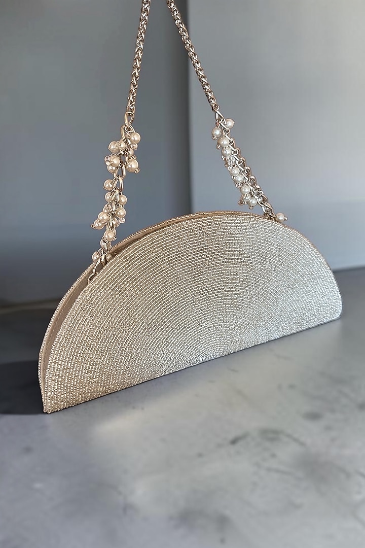 Silver Fabric Hand Embroidered D-shaped Clutch by BHAVNA KUMAR at Pernia's Pop Up Shop
