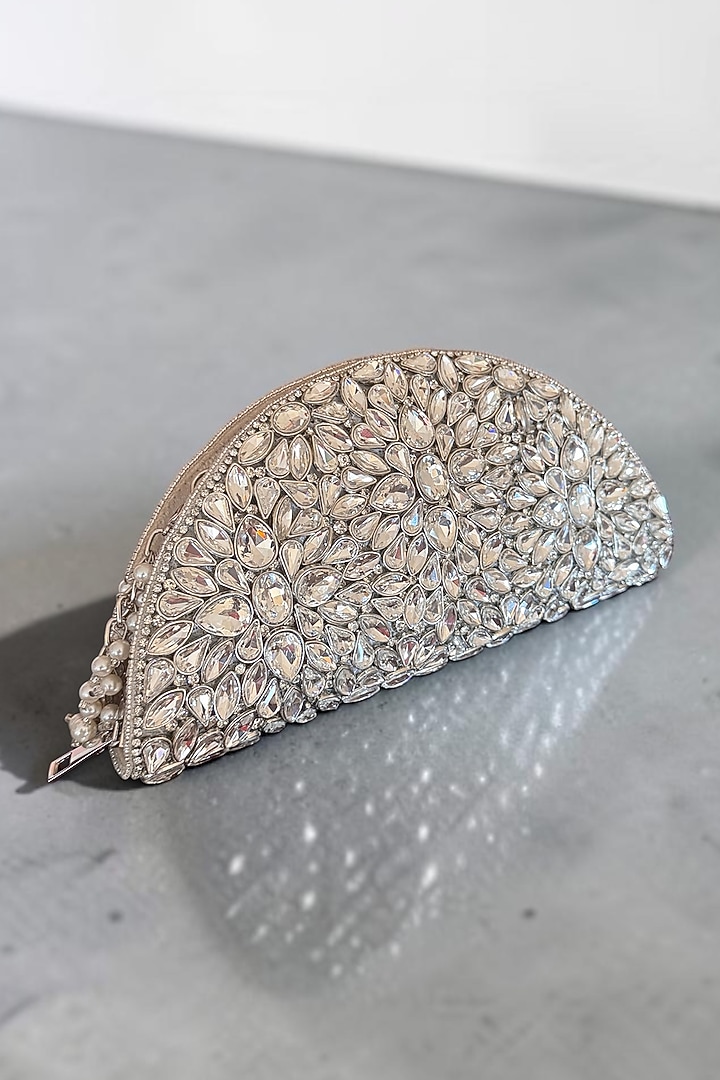 Silver Fabric Hand Embroidered D-shaped Clutch by BHAVNA KUMAR at Pernia's Pop Up Shop