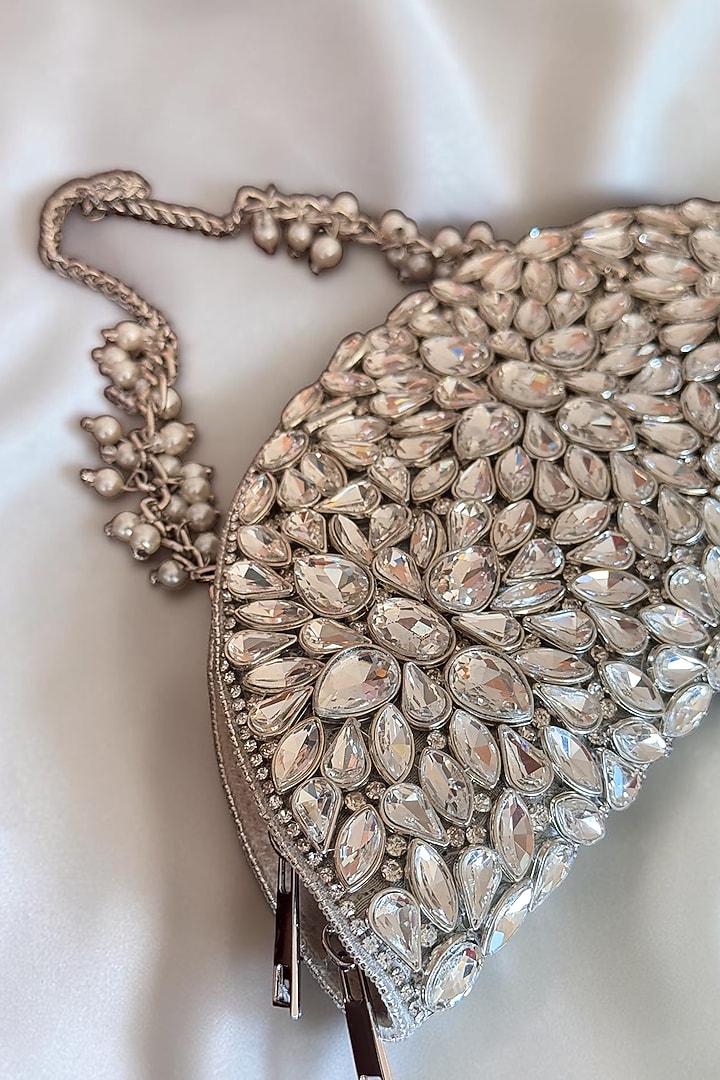 Silver Fabric Hand Embroidered D-shaped Clutch by BHAVNA KUMAR at Pernia's Pop Up Shop