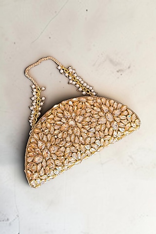 Gold Fabric Hand Embroidered D-shaped Clutch by BHAVNA KUMAR