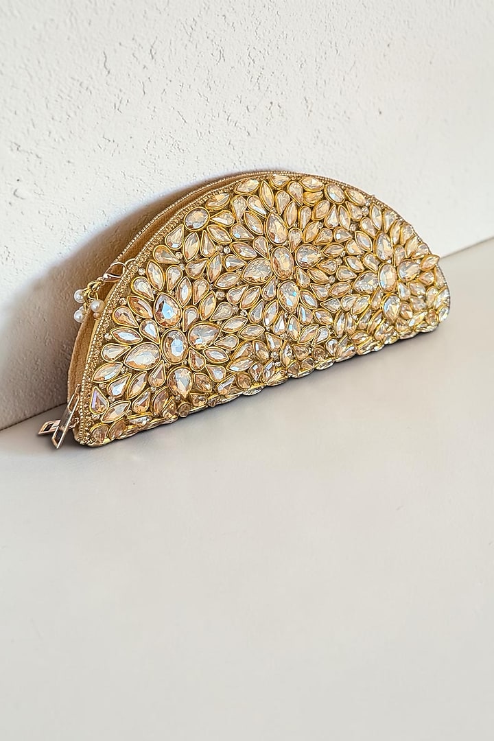 Gold Fabric Hand Embroidered D-shaped Clutch by BHAVNA KUMAR at Pernia's Pop Up Shop