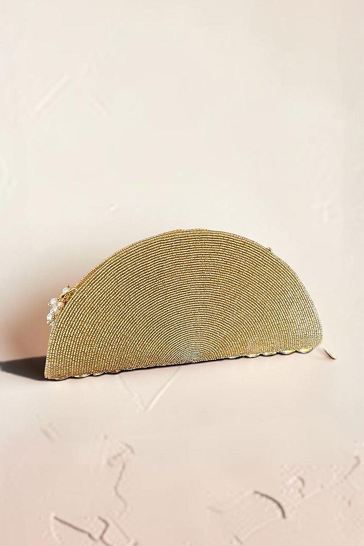 Gold Fabric Hand Embroidered D-shaped Clutch by BHAVNA KUMAR at Pernia's Pop Up Shop