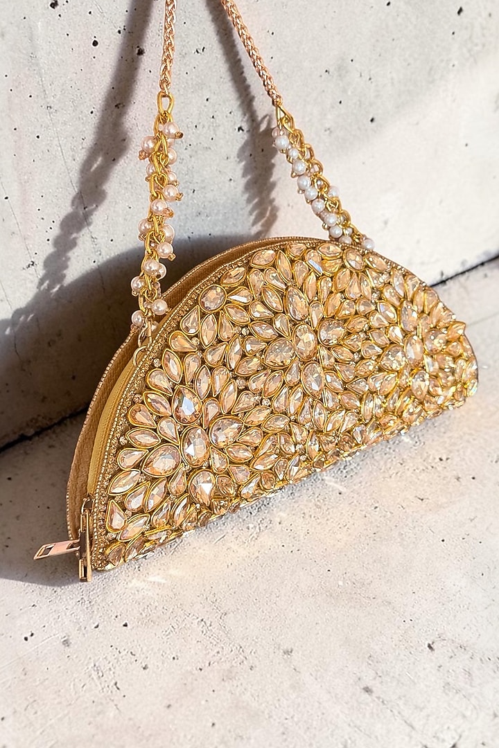 Gold Fabric Hand Embroidered D-shaped Clutch by BHAVNA KUMAR at Pernia's Pop Up Shop