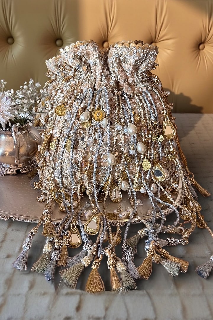 Gold & Silver Fabric Glass Bead Work Potli by BHAVNA KUMAR at Pernia's Pop Up Shop