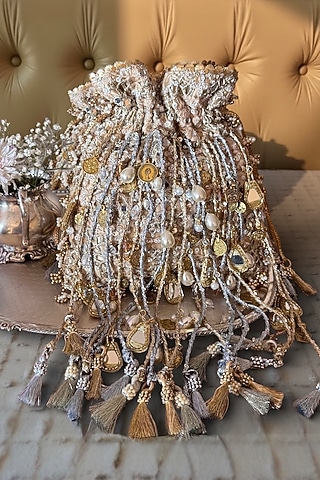 Gold & Silver Fabric Glass Bead Work Potli by BHAVNA KUMAR