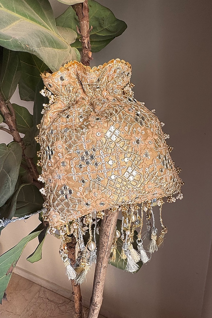 Gold & Silver Fabric Glass Bead Work Potli by BHAVNA KUMAR at Pernia's Pop Up Shop