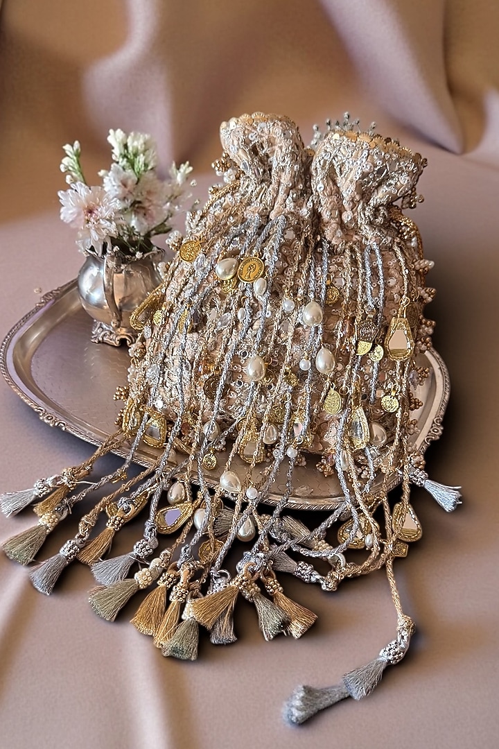 Gold & Silver Fabric Glass Bead Work Potli by BHAVNA KUMAR at Pernia's Pop Up Shop
