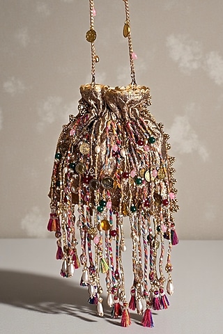 Multi-Colored Fabric Glass Bead Work Potli by BHAVNA KUMAR