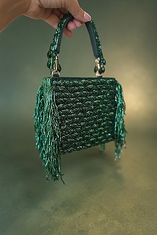 Green Fabric Glass Beads Hand Embroidered Clutch by BHAVNA KUMAR