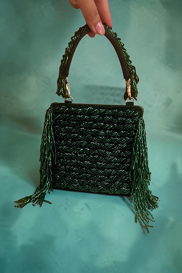 Green Fabric Glass Beads Hand Embroidered Clutch by BHAVNA KUMAR at Pernia's Pop Up Shop