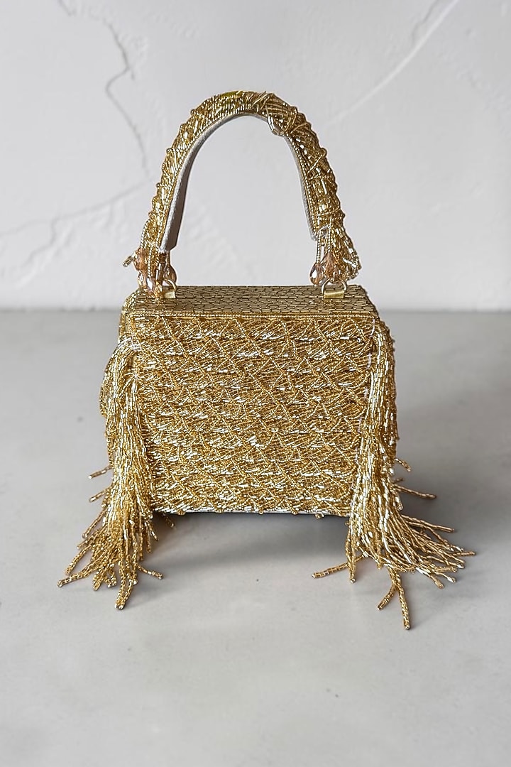 Gold Fabric Glass Beads Hand Embroidered Clutch by BHAVNA KUMAR at Pernia's Pop Up Shop