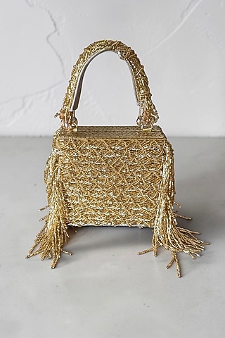 Gold Fabric Glass Beads Hand Embroidered Clutch by BHAVNA KUMAR