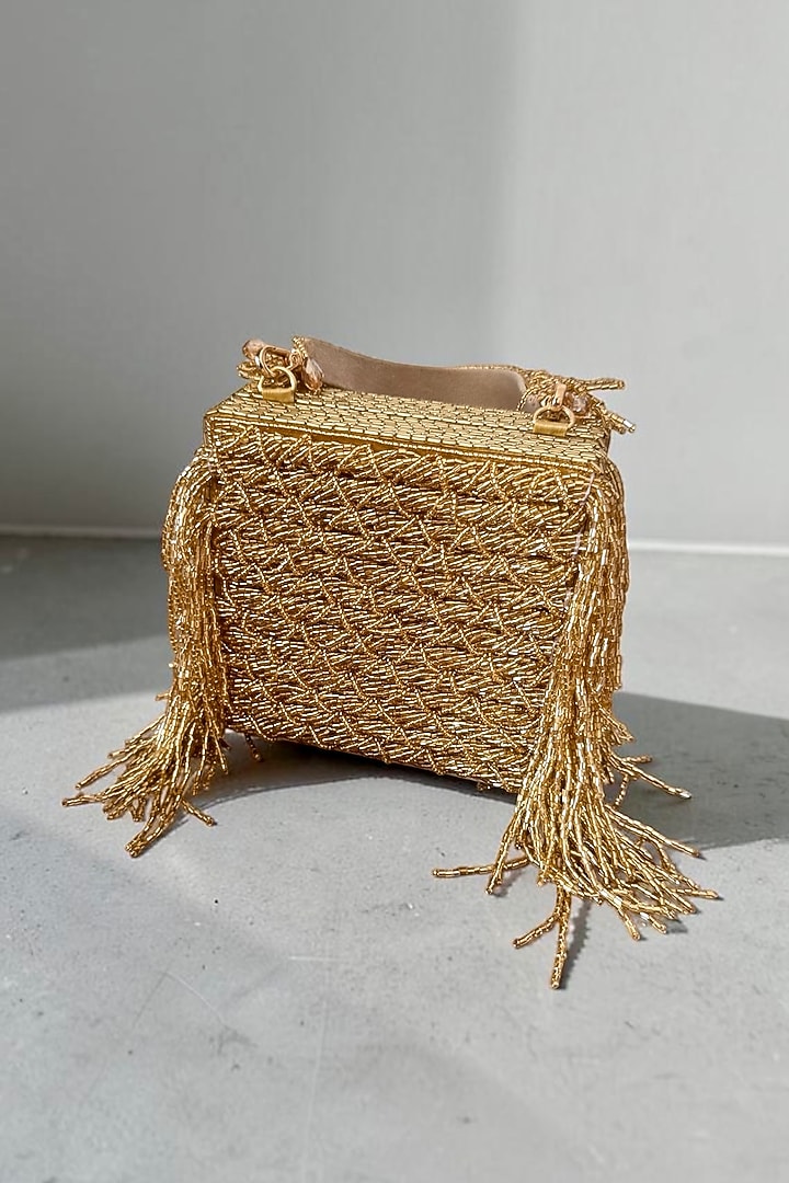 Gold Fabric Glass Beads Hand Embroidered Clutch by BHAVNA KUMAR at Pernia's Pop Up Shop