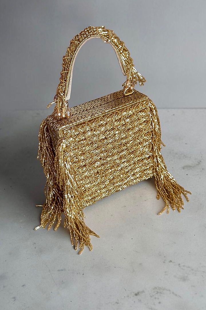 Gold Fabric Glass Beads Hand Embroidered Clutch by BHAVNA KUMAR at Pernia's Pop Up Shop