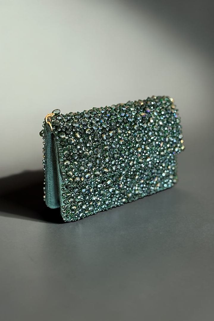 Green Fabric Glass Beads Hand Embroidered Clutch by BHAVNA KUMAR at Pernia's Pop Up Shop