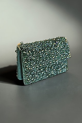 Green Fabric Glass Beads Hand Embroidered Clutch by BHAVNA KUMAR