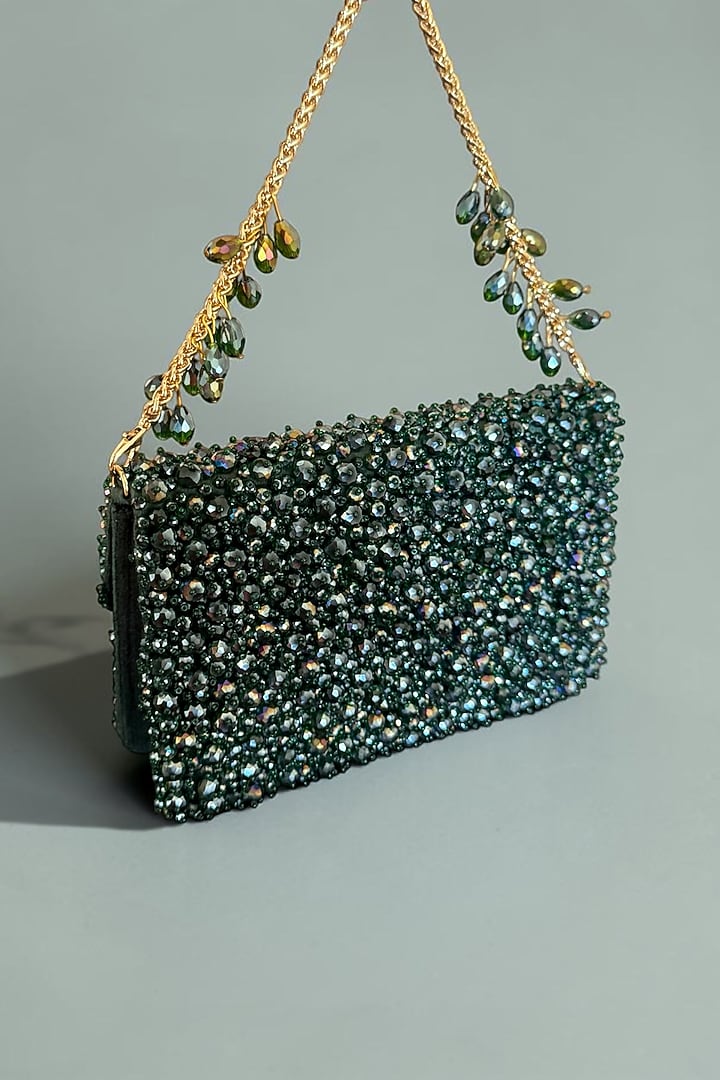 Green Fabric Glass Beads Hand Embroidered Clutch by BHAVNA KUMAR at Pernia's Pop Up Shop