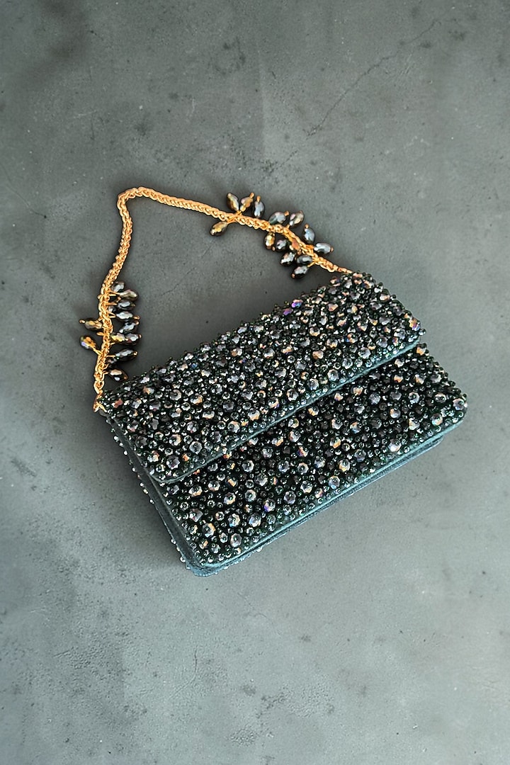 Green Fabric Glass Beads Hand Embroidered Clutch by BHAVNA KUMAR at Pernia's Pop Up Shop