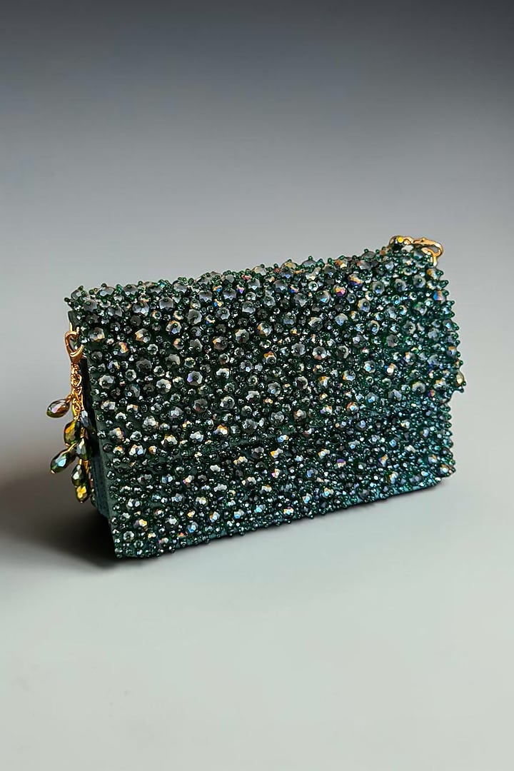Green Fabric Glass Beads Hand Embroidered Clutch by BHAVNA KUMAR at Pernia's Pop Up Shop