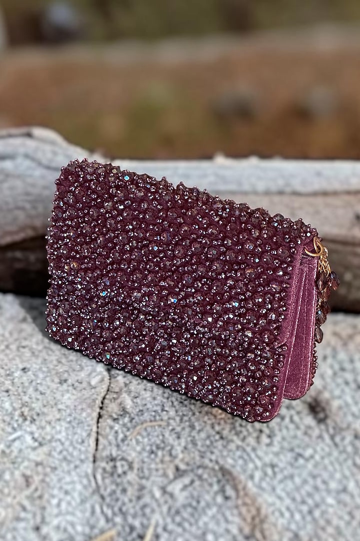 Plum Fabric Glass Beads Hand Embroidered Clutch by BHAVNA KUMAR at Pernia's Pop Up Shop