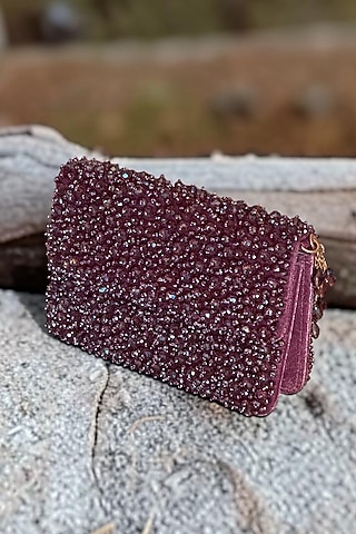 Plum Fabric Glass Beads Hand Embroidered Clutch by BHAVNA KUMAR