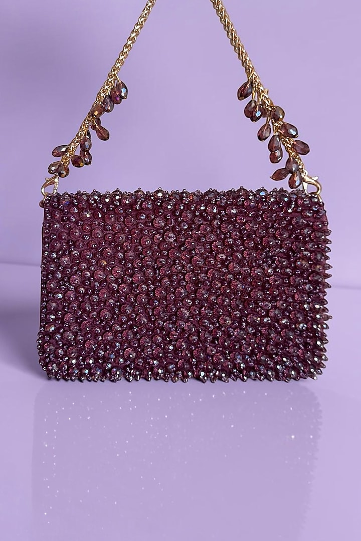 Plum Fabric Glass Beads Hand Embroidered Clutch by BHAVNA KUMAR at Pernia's Pop Up Shop