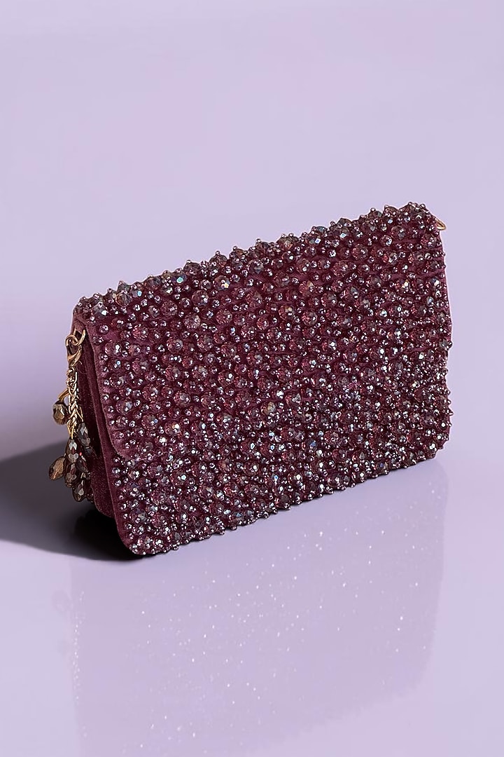 Plum Fabric Glass Beads Hand Embroidered Clutch by BHAVNA KUMAR at Pernia's Pop Up Shop