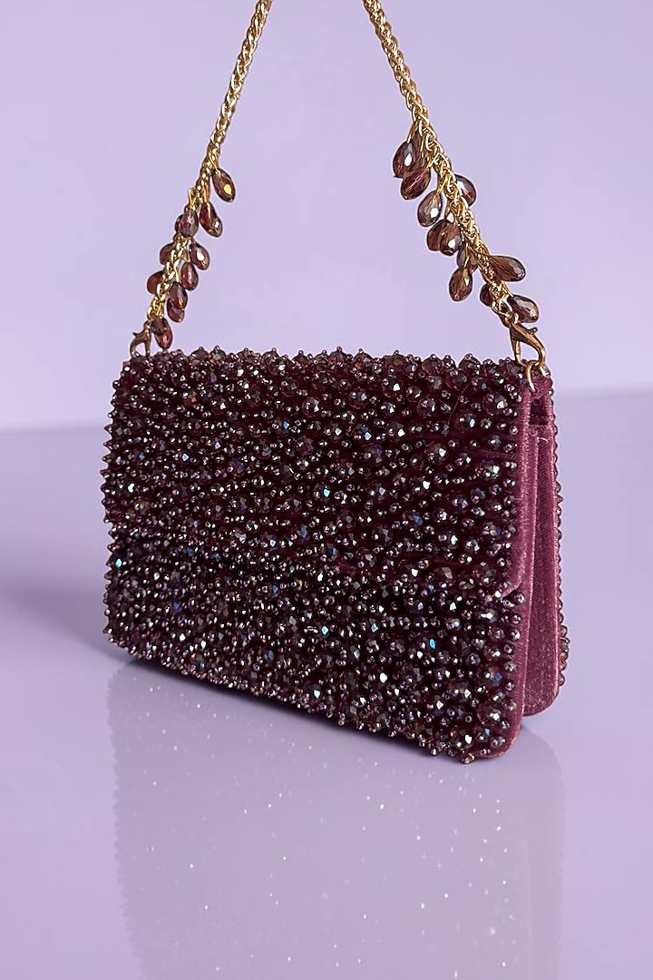 Plum Fabric Glass Beads Hand Embroidered Clutch by BHAVNA KUMAR at Pernia's Pop Up Shop