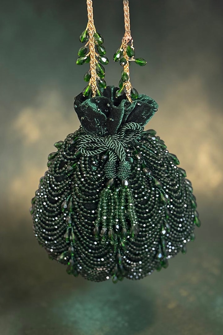 Green Fabric Glass Beads Embroidered Potli by BHAVNA KUMAR at Pernia's Pop Up Shop