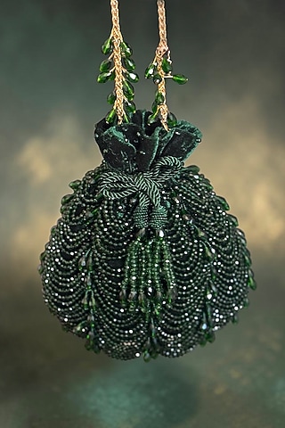 Green Fabric Glass Beads Embroidered Potli by BHAVNA KUMAR