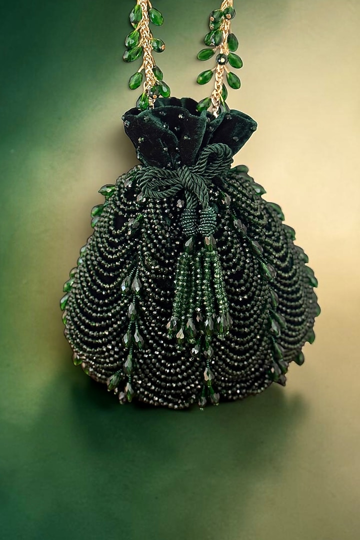 Green Fabric Glass Beads Embroidered Potli by BHAVNA KUMAR at Pernia's Pop Up Shop